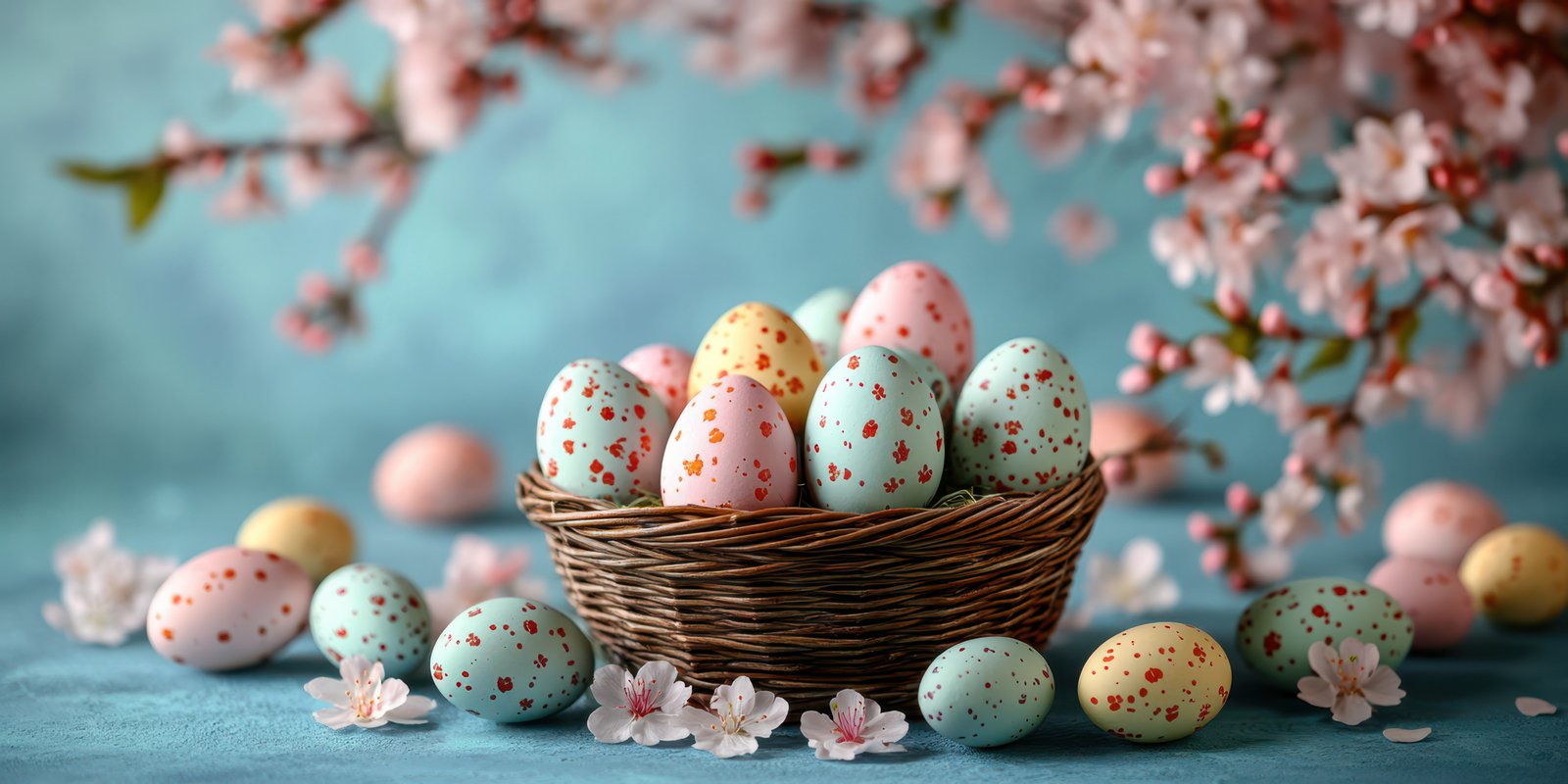 Colorful Easter eggs arranged in a basket surrounded by cherry blossoms on a blue background